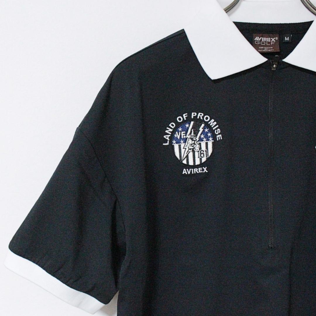 新品 アヴィレックス ゴルフ ワッペン刺しゅう ハーフジップ ポロシャツ M 黒