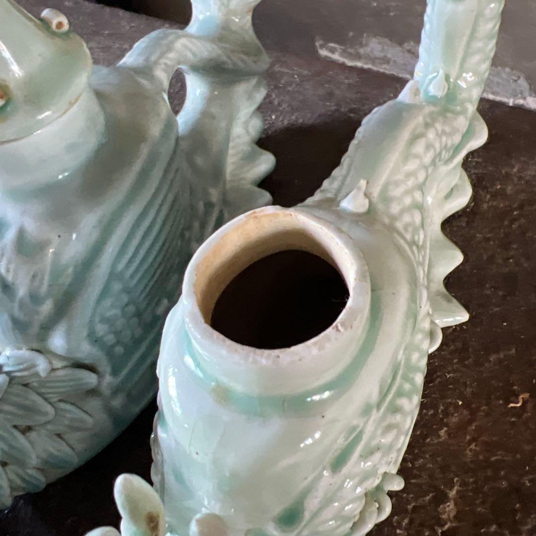 実家整理 古い青磁の置物二点　水注？