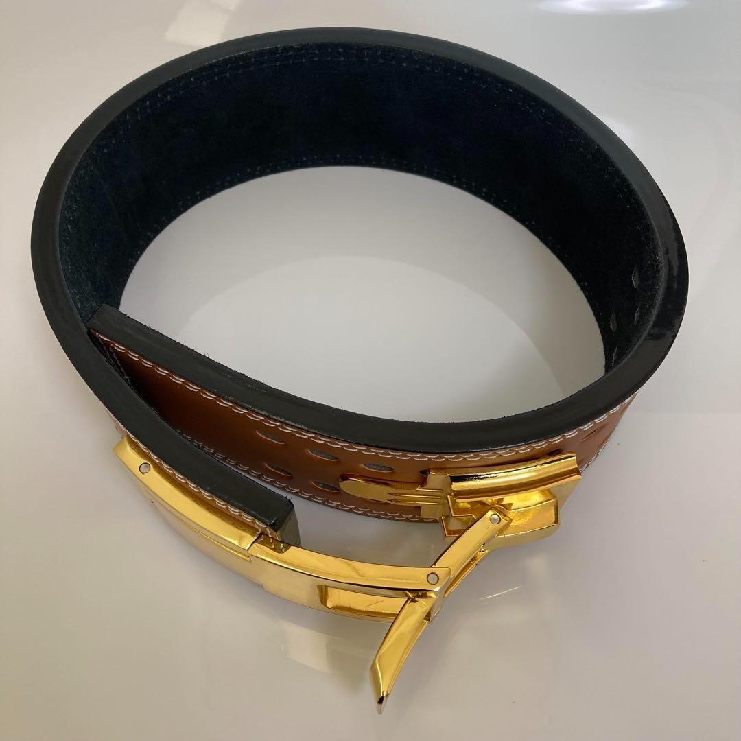 新品 パワーベルト レバーアクション ワンタッチ可変式 Ssize 茶×金 本革