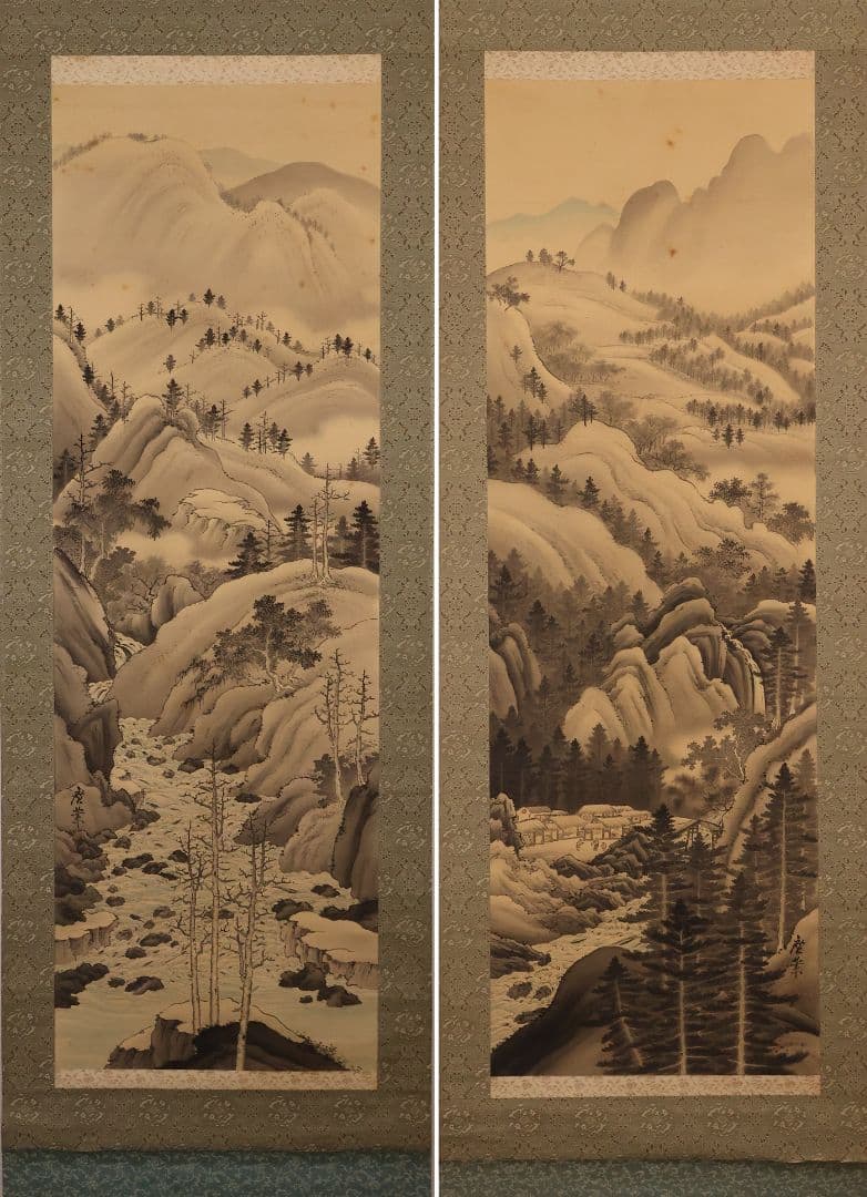 【模写】寺崎廣業(広業) 春秋山水図 絹本 双幅 掛軸 鳥谷幡山極書 MB237
