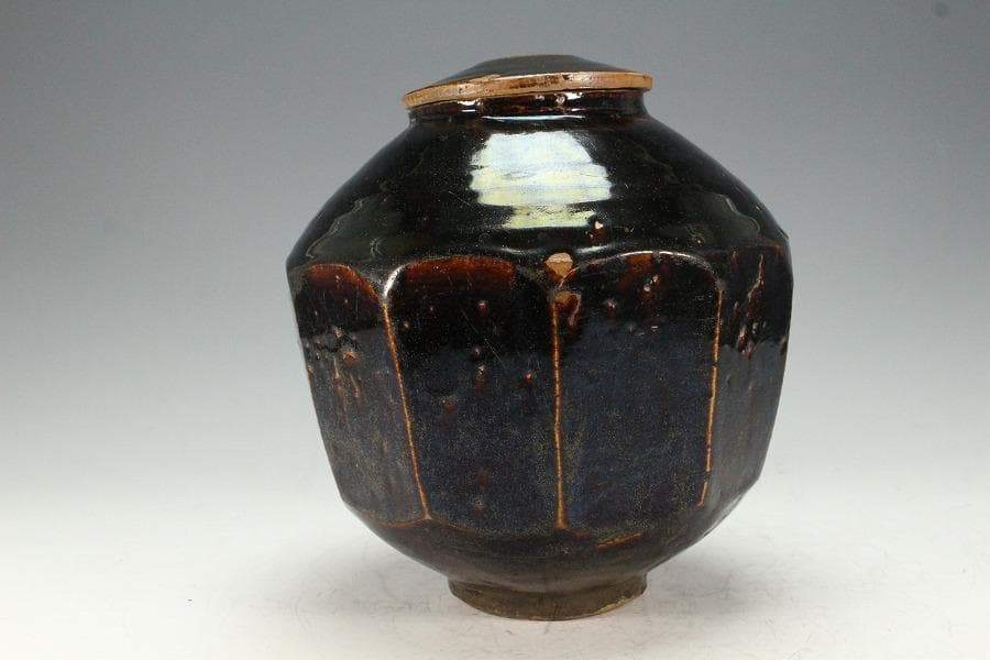 古美術 李朝 黒高麗 面取 蓋壷(K-A652)