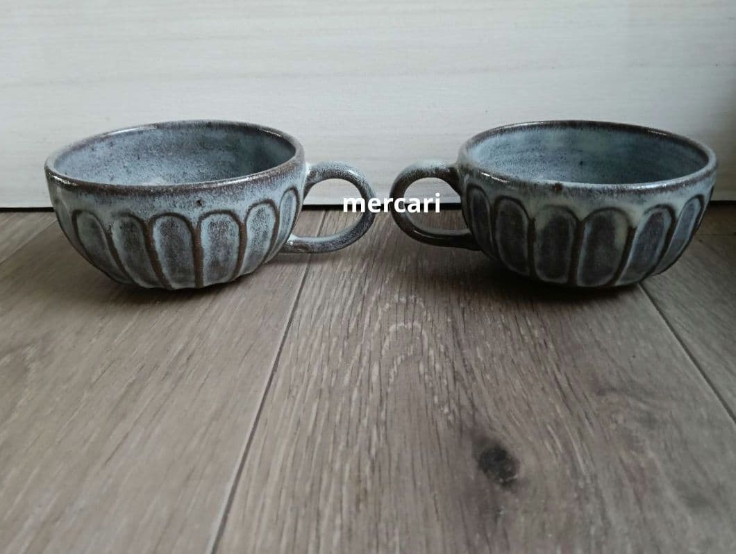 【miyumiyu】新品 作家 陶芸 スープカップ 流し掛×1 薄灰茶×2