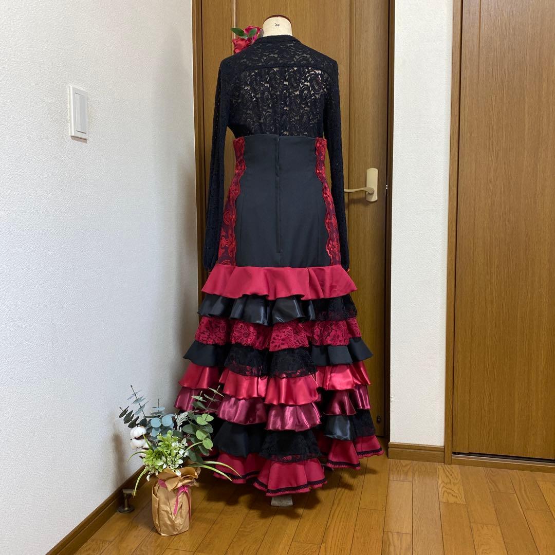 フラメンコ衣装　ハンドメイド　ボルドー＆ブラックダマスク柄ファルダ
