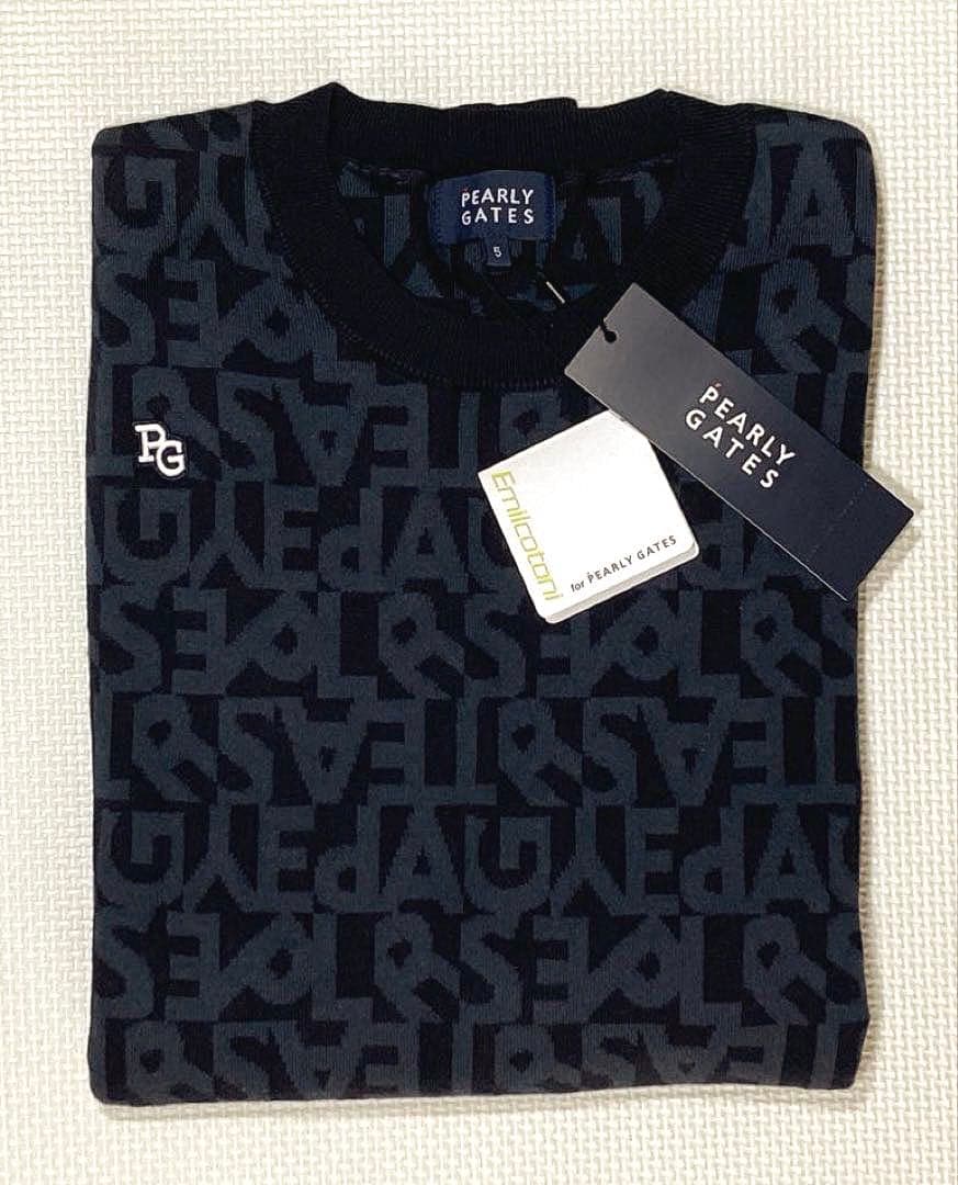 パーリーゲイツ ランダムロゴ コットン100%ニットプルオーバー（NAVY／5）