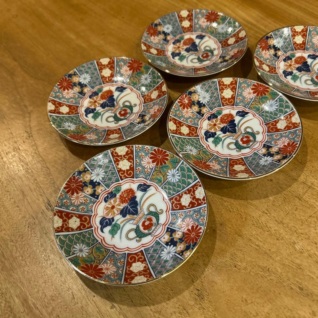 未使用品　有田焼　陶扇　小皿5枚揃え　銘々皿　錦絵　赤絵　金彩　希少