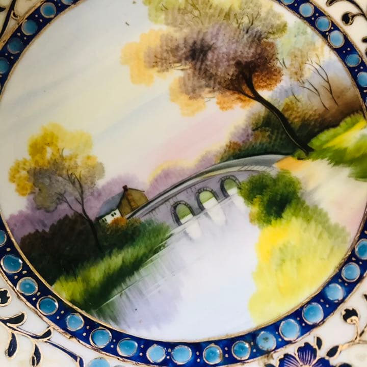 オールドノリタケ  風景画　コンポート　エナメル装飾