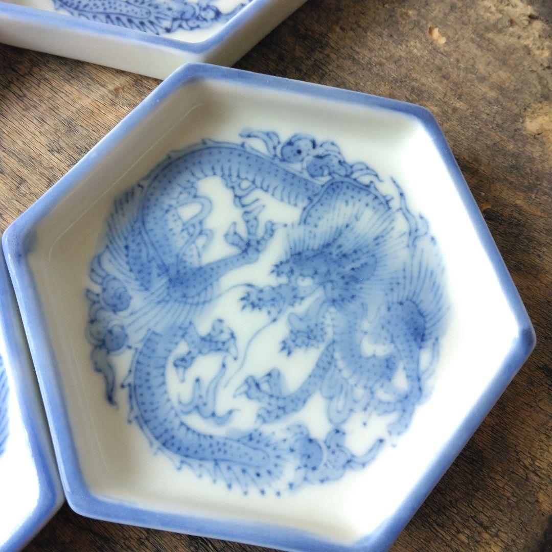 古伊万里 龍の柄 六角皿 小皿 豆皿 8枚 陶器 染付 アンティーク 骨董