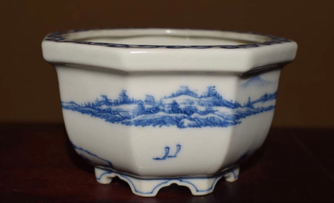 希少 陶雀作 染付山水図 外縁六角盆栽鉢 時代物 無傷美品 約11.3cm