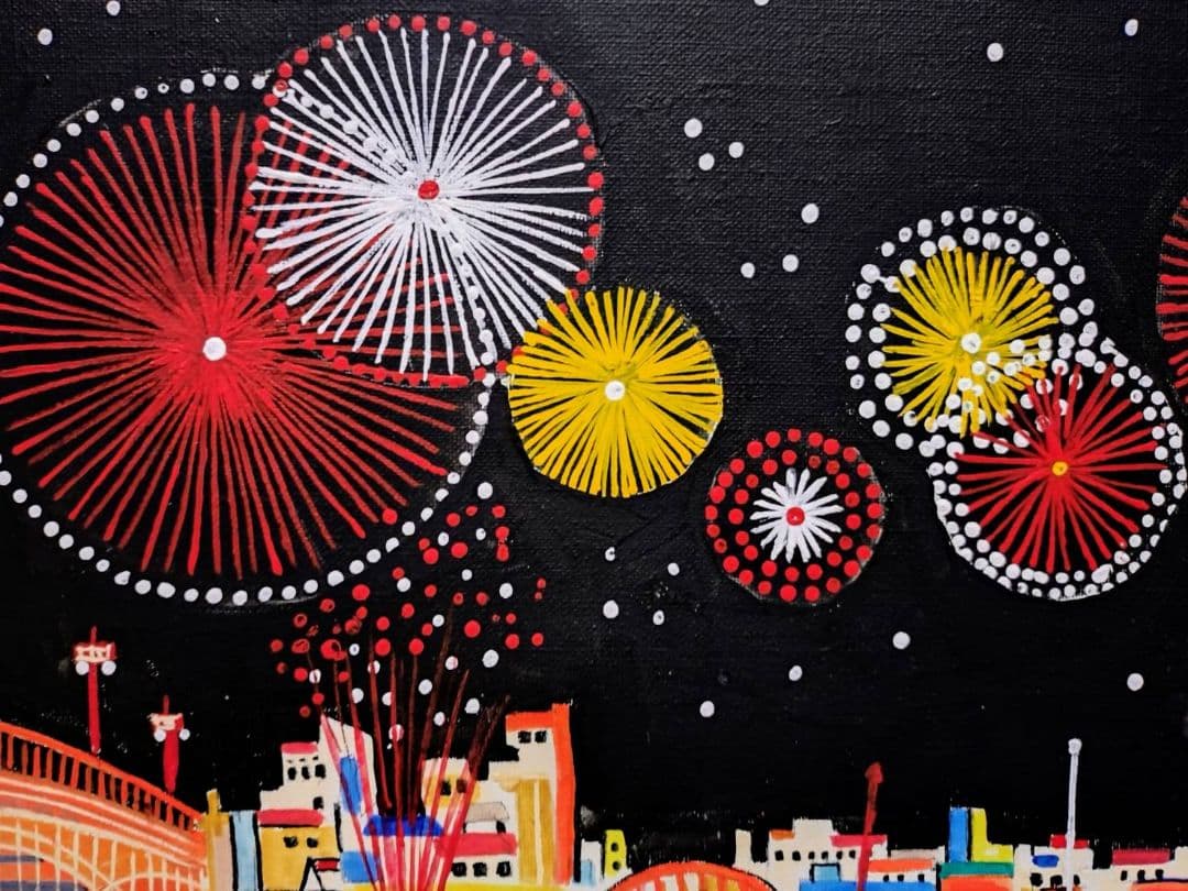 【F6号】山下清【両国の花火】手描き/表裏サイン・共シール有り/油彩/油絵/額縁