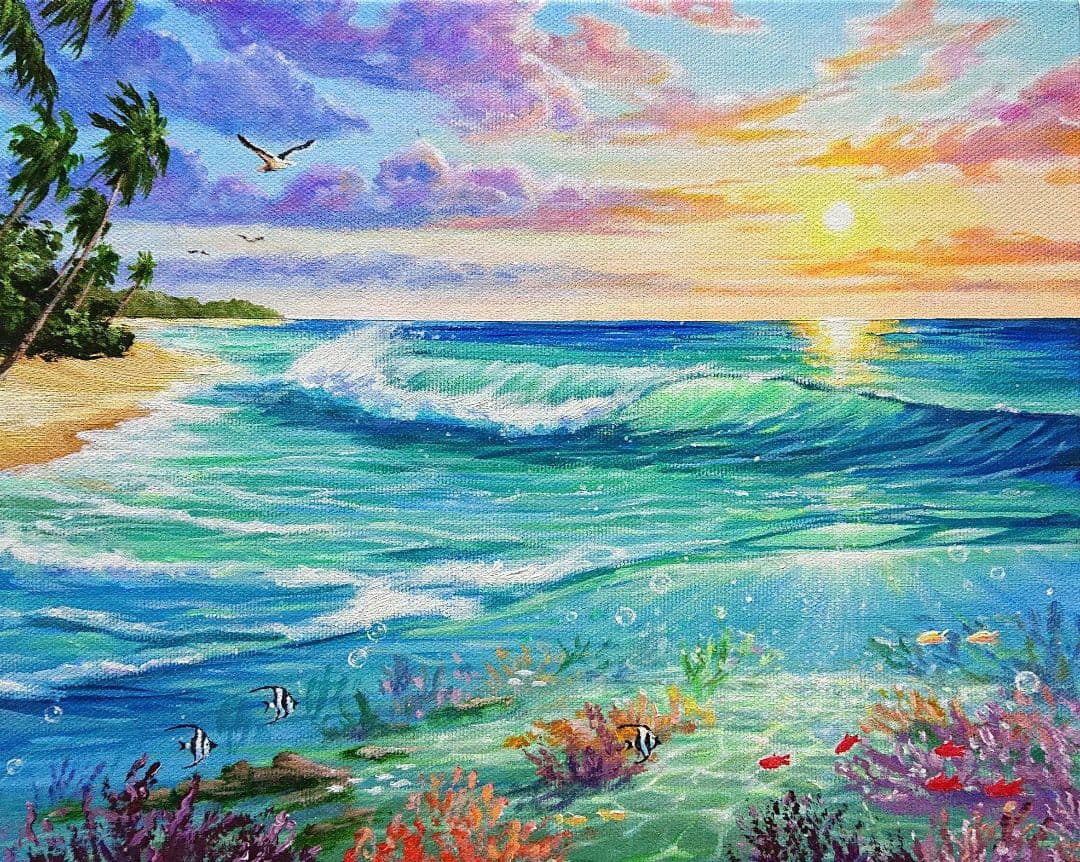 【碧い海】アクリル画 F3 風景画 絵画 海の絵