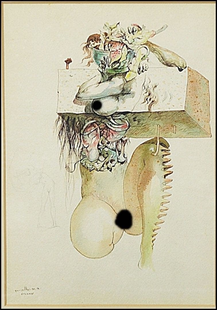 真作保証、古沢岩見 作、水彩画、人物画