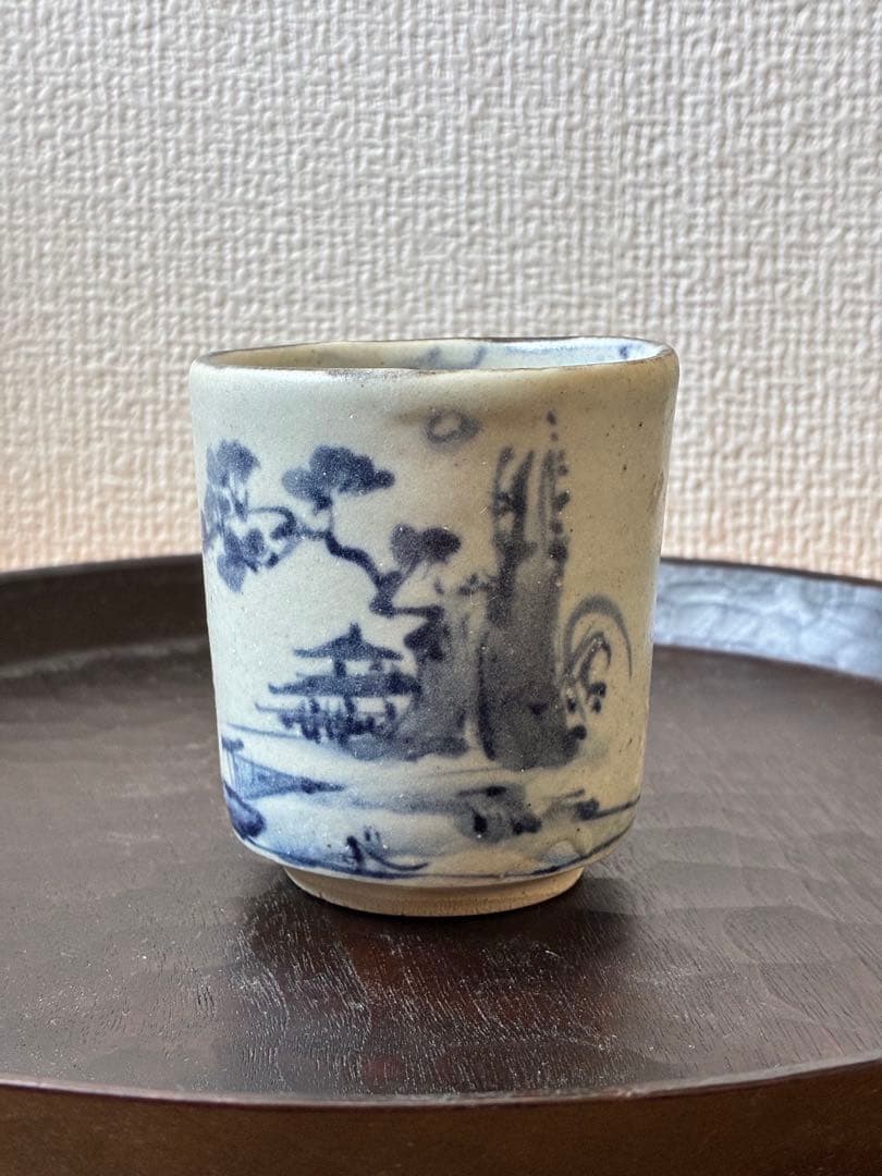 梶原靖元　染付陶胎　湯呑み　山水図