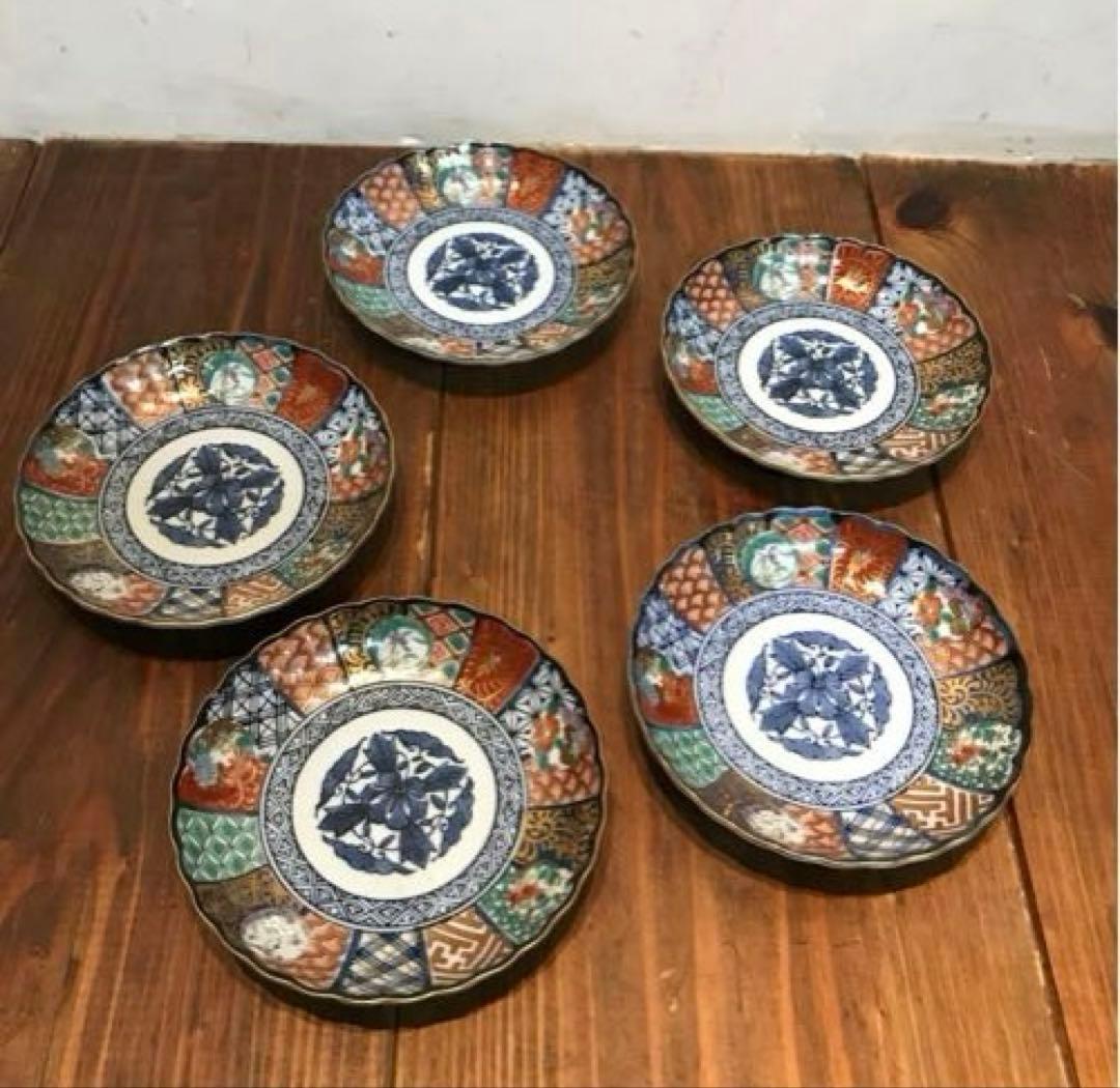 美品　龍峰窯　祥瑞花丸紋　金彩　銘々皿　色とりどりな絵柄が華やかな　取り皿　5枚