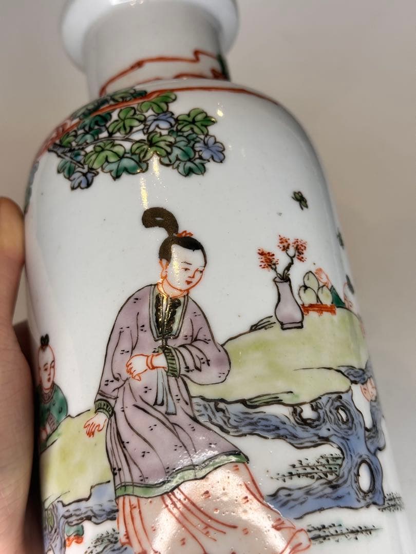 康熙葉子款 底部款識 人物童子戯図 彩絵 花瓶 中国古美術 时代物