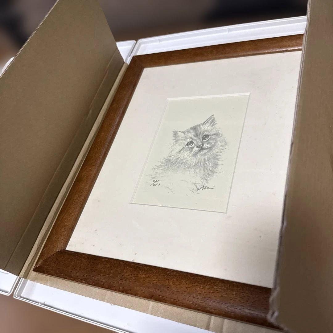 八代亜紀さん猫の鉛筆画デッサンリトグラフ　八つ切り「チビたん」