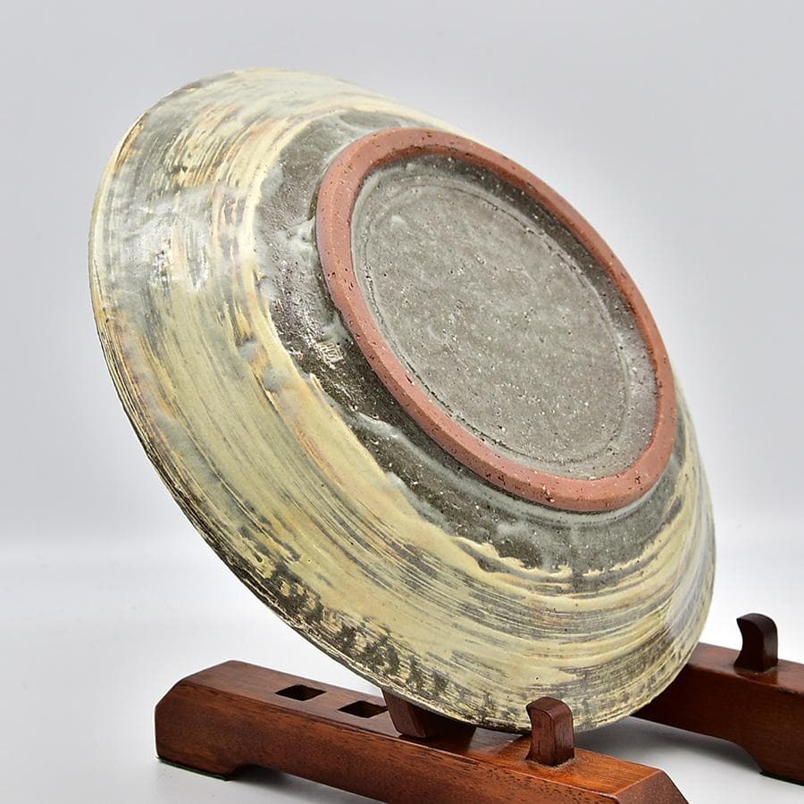 新品未使用 伯耆 正一作 金彩雲鶴 皿 飾皿 刷毛目 27cm 識箱共箱 皿立付