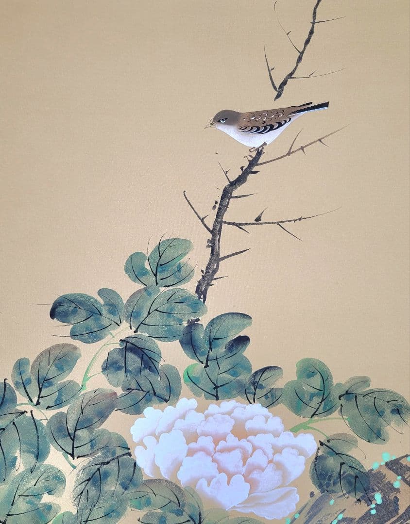 牡丹に小禽図　花鳥画　花肩銘　掛け軸　箱無し　書画、骨董品、美術品