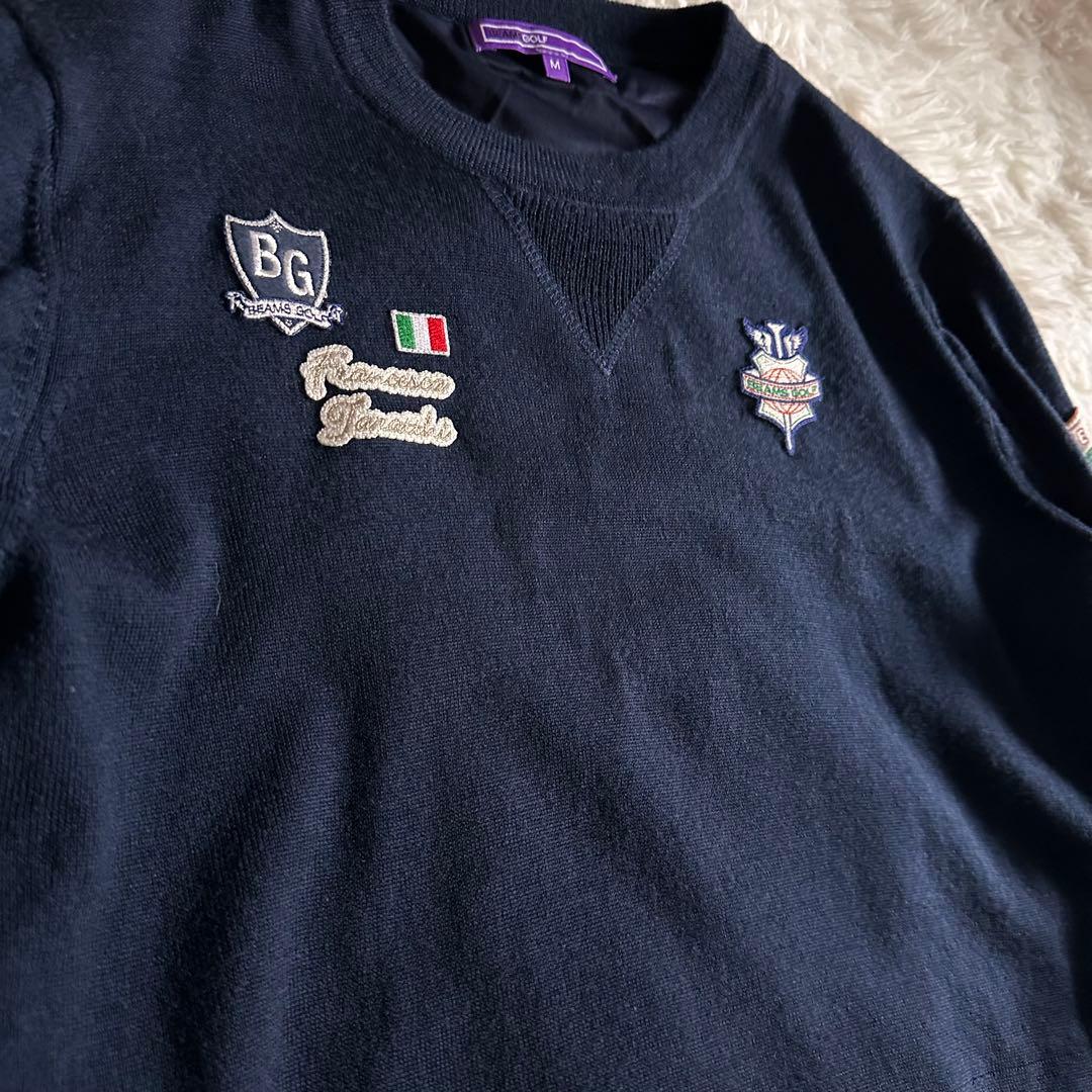 BEAMS GOLF 防風ニットブルゾン M ウール100% 暖かい ネイビー