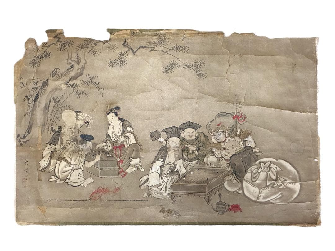 【 典清筆 松下七福神図 】　肉筆彩色墨画