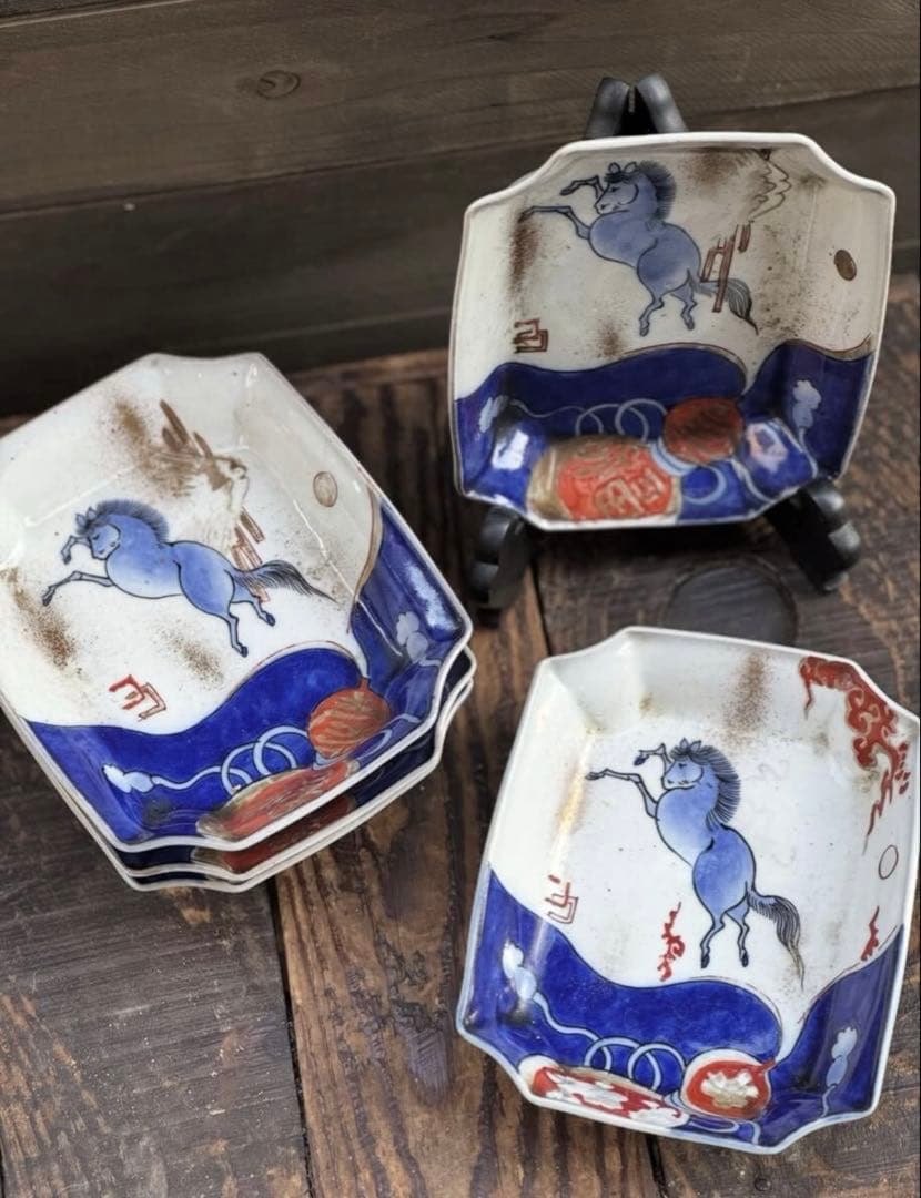 古伊万里 染付色絵 馬図 変形小皿 五皿セット 午年 干支 コレクション