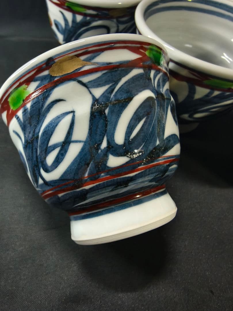 陶芸家梅田純一作品 色絵金彩手描茶碗5客 小鉢 共箱 蒐集家放出美品 未使用蔵出