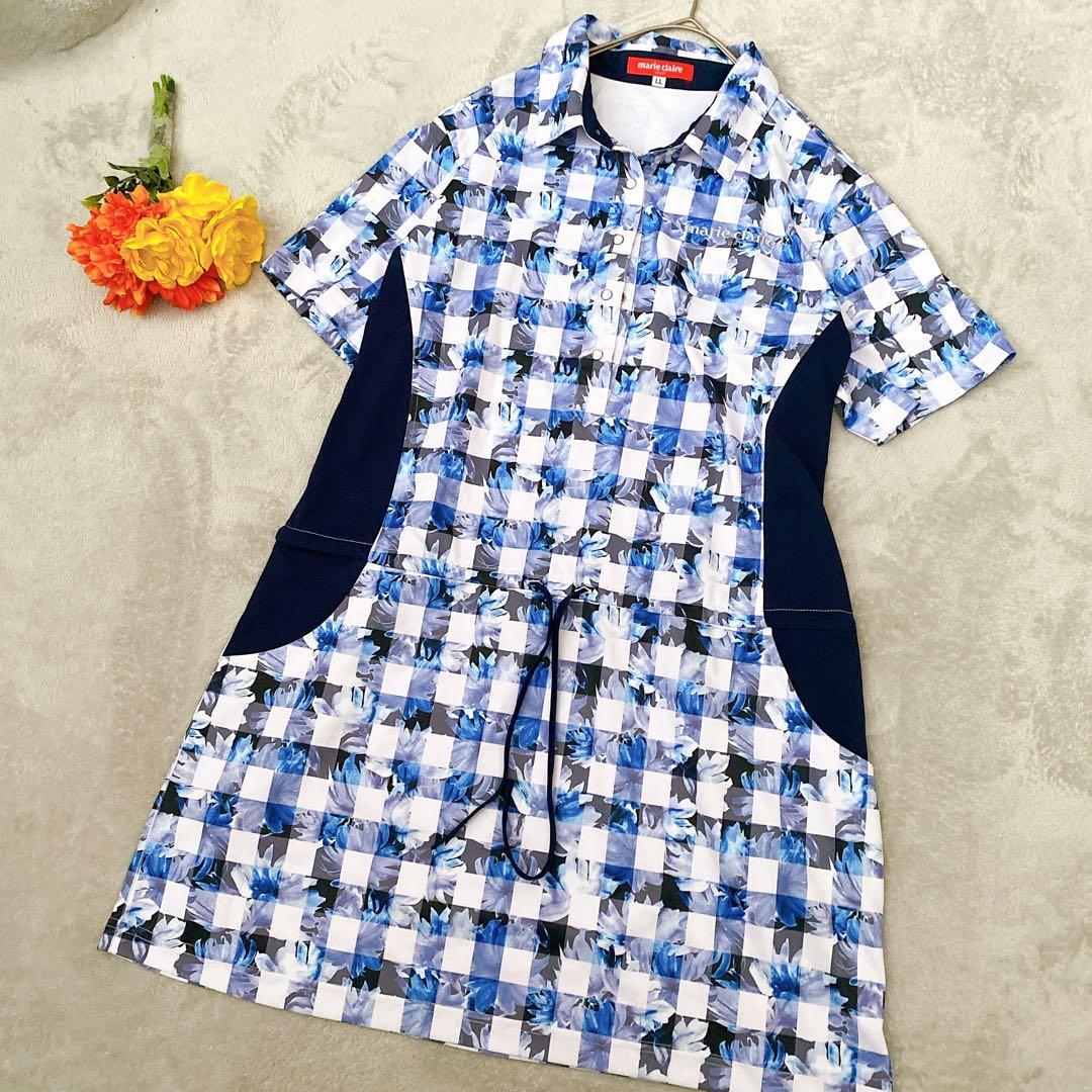【美品】マリクレールスポール ゴルフワンピース LL 花柄 チェック 青 紺