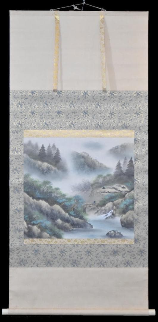 西脇繁華 紫光 山水 水墨絵 手巻き画絵巻 日本画軸絹本 立軸 WWKK006