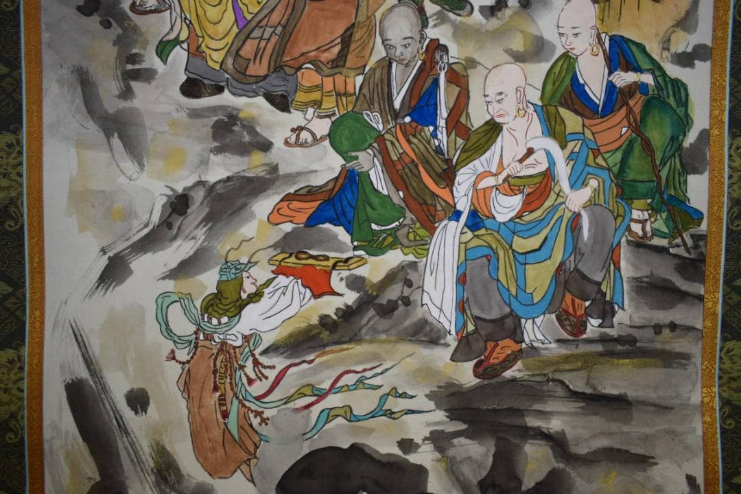 真作/鍋島義勝/十六羅漢図/桐共箱付/布袋屋掛軸HG-382
