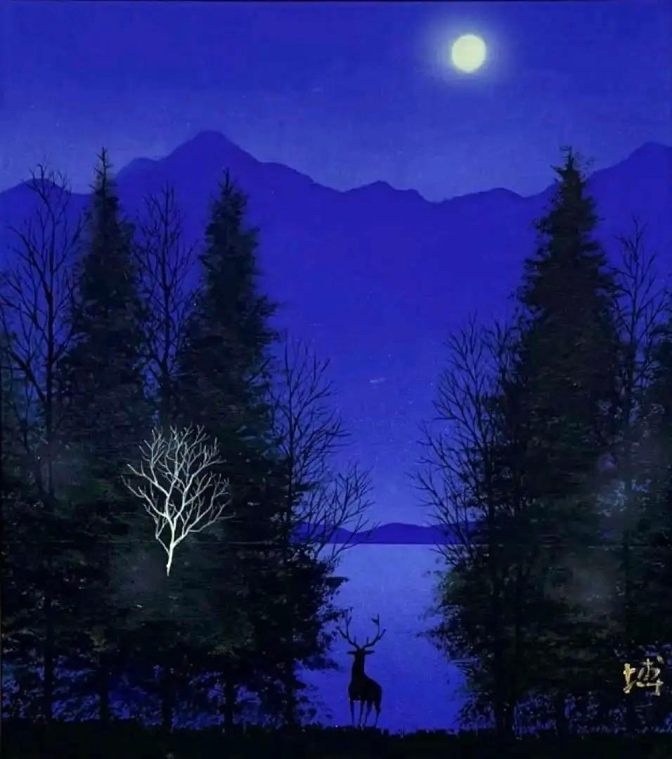 千住博 【月下の湖畔】肉筆/表サイン有/色紙画/日本画/油絵/岩彩/裏シール有