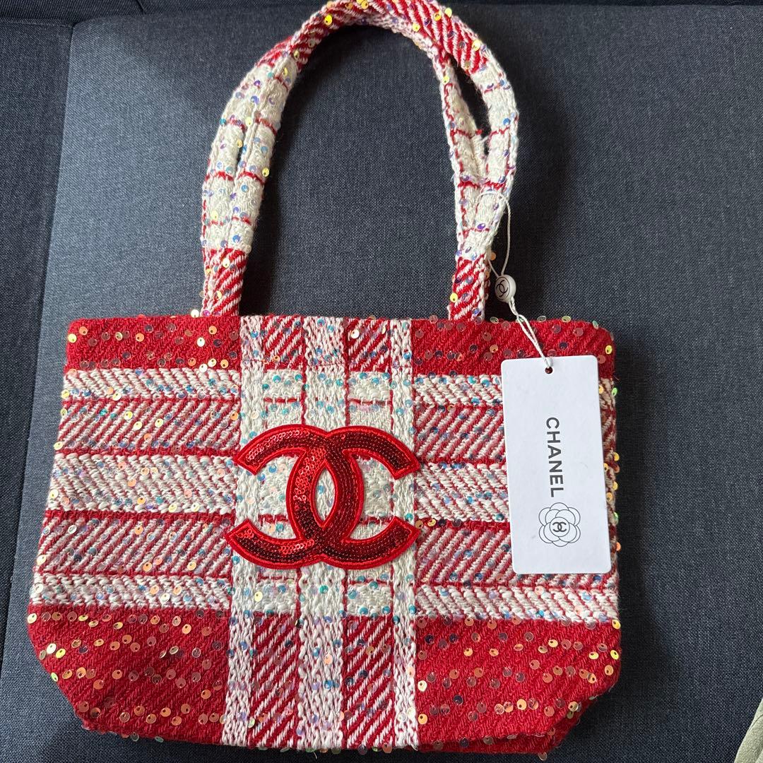 CHANEL レッド ツイード トートバッグ