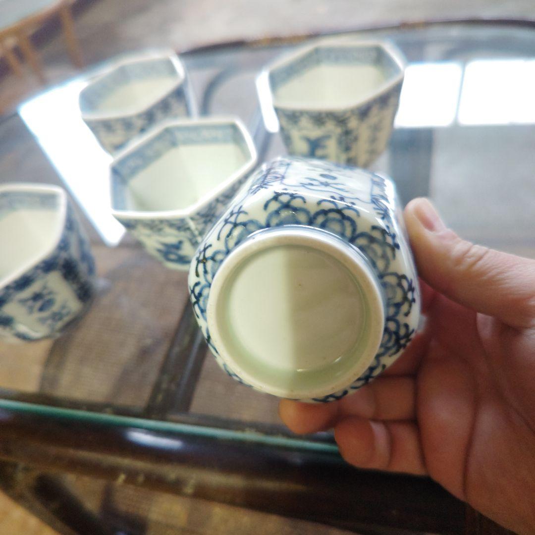 江戸古伊万里！青い花模様 六角形陶器 5個セット