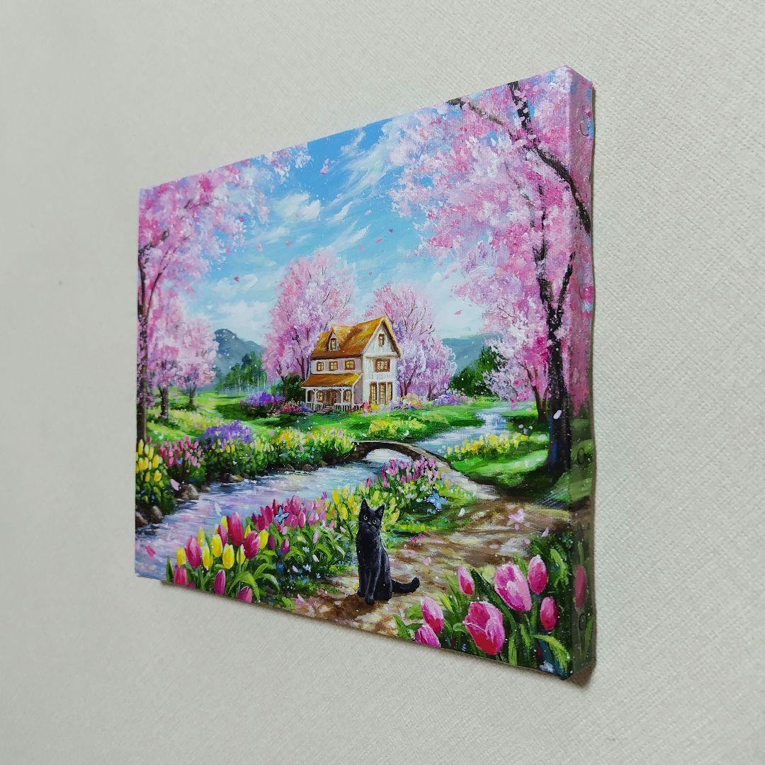 【春の日】アクリル画 F3 風景画 絵画