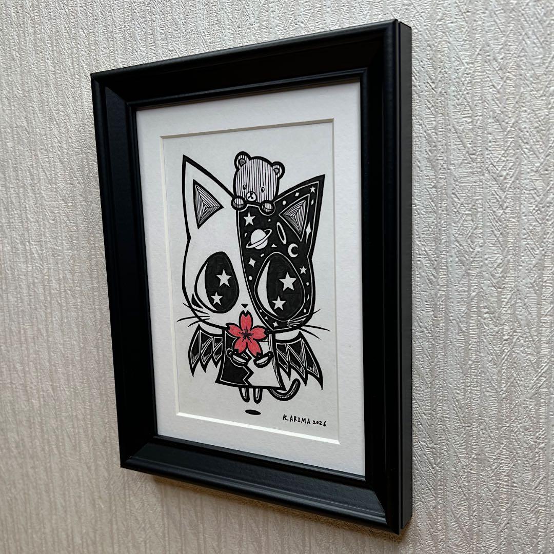 動物 原画 絵 手描き 癒し 猫 さくら 一点物 額縁付き 『手のひらの春』