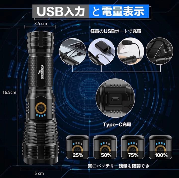 懐中電灯 かいちゅうでんとう led 強力 軍用 最強 Shadowhawk