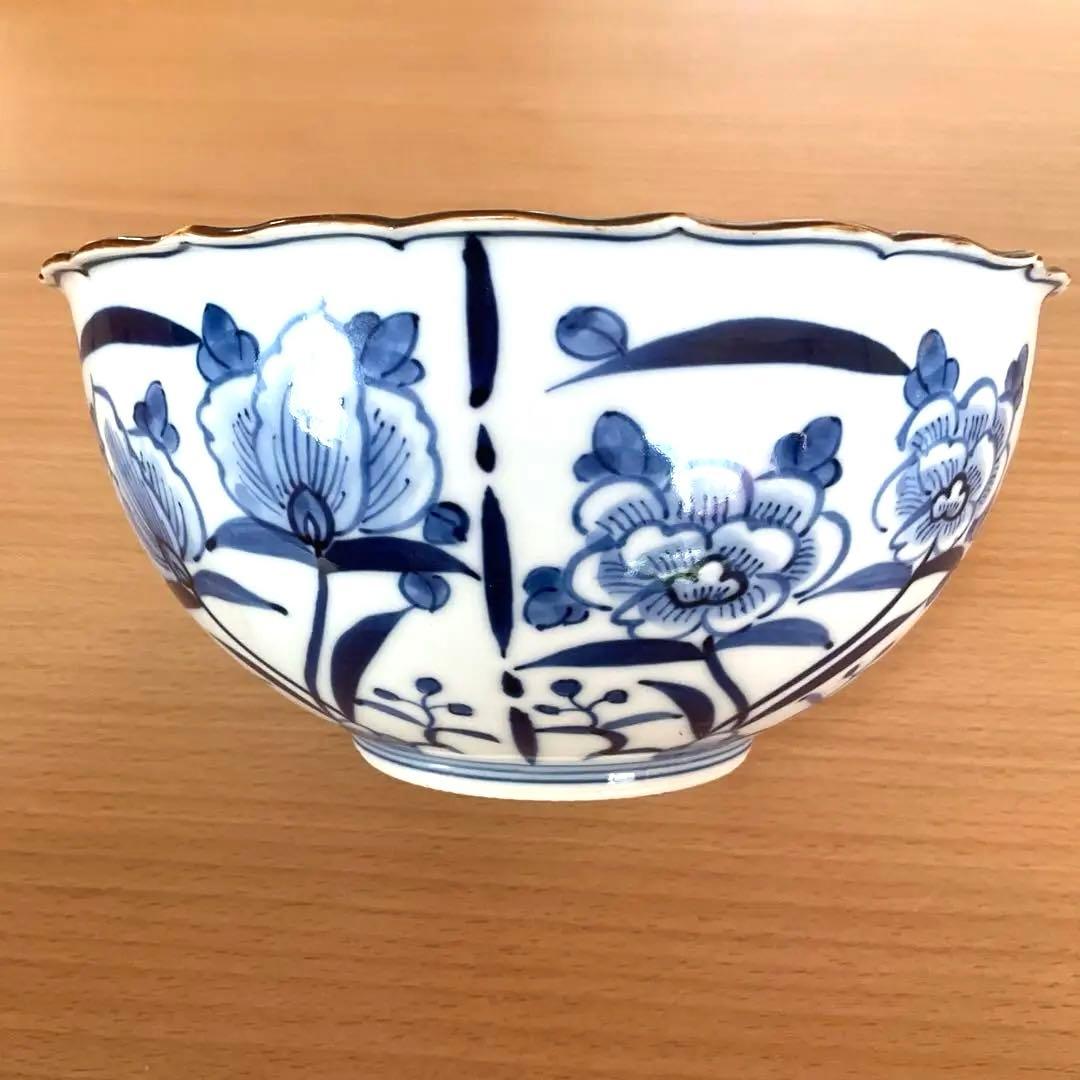 【金継ぎ】清水焼 竹峰窯　手描き染付輪花捻草花 深鉢