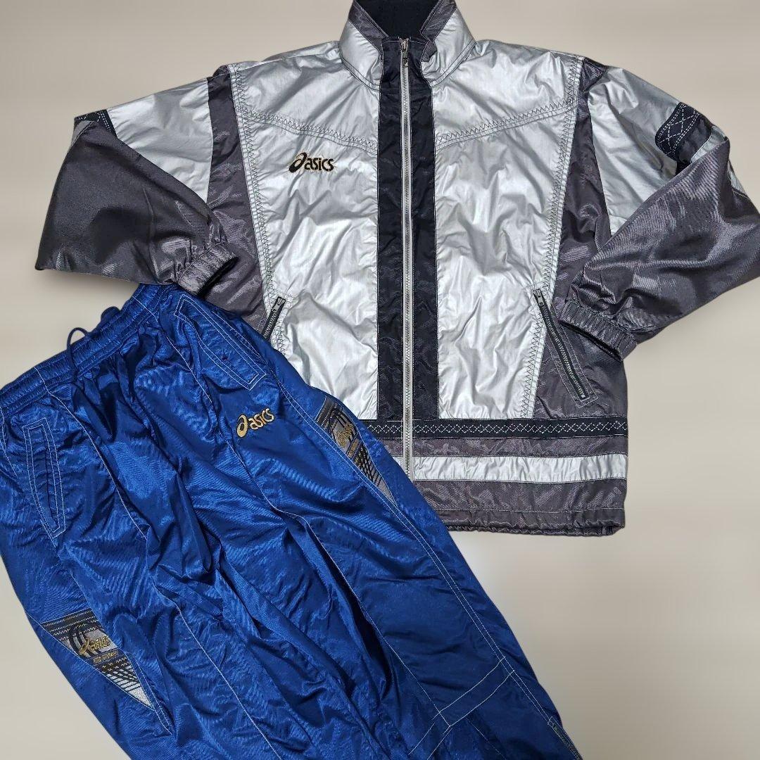 アシックスASICS　90’s 上下ウインドブレーカーセットアップ　光沢シルバー
