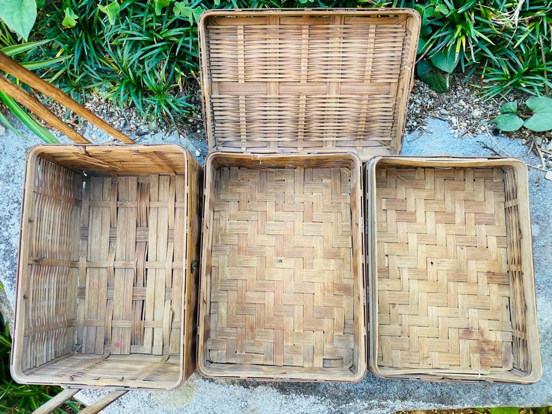 美品 三段竹籠 バスケット 竹細工 籠