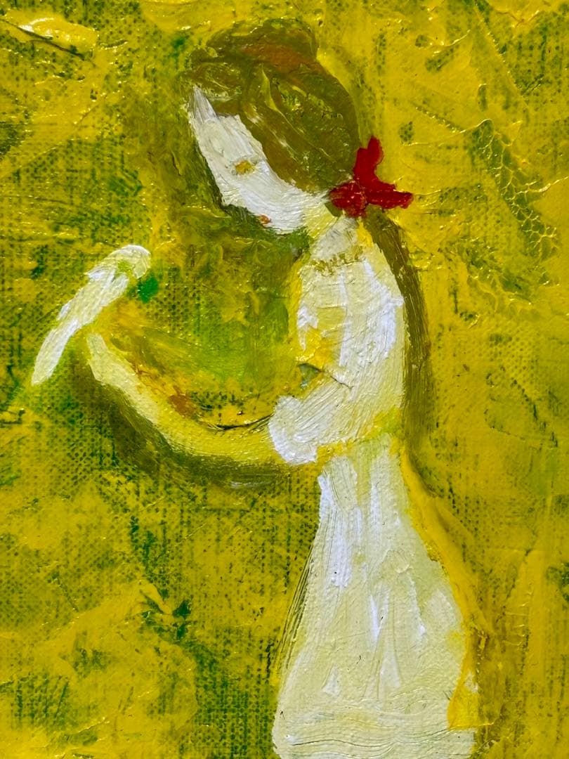 #杢田たけを『小鳥と少女』　油彩画　原画 直筆サイン