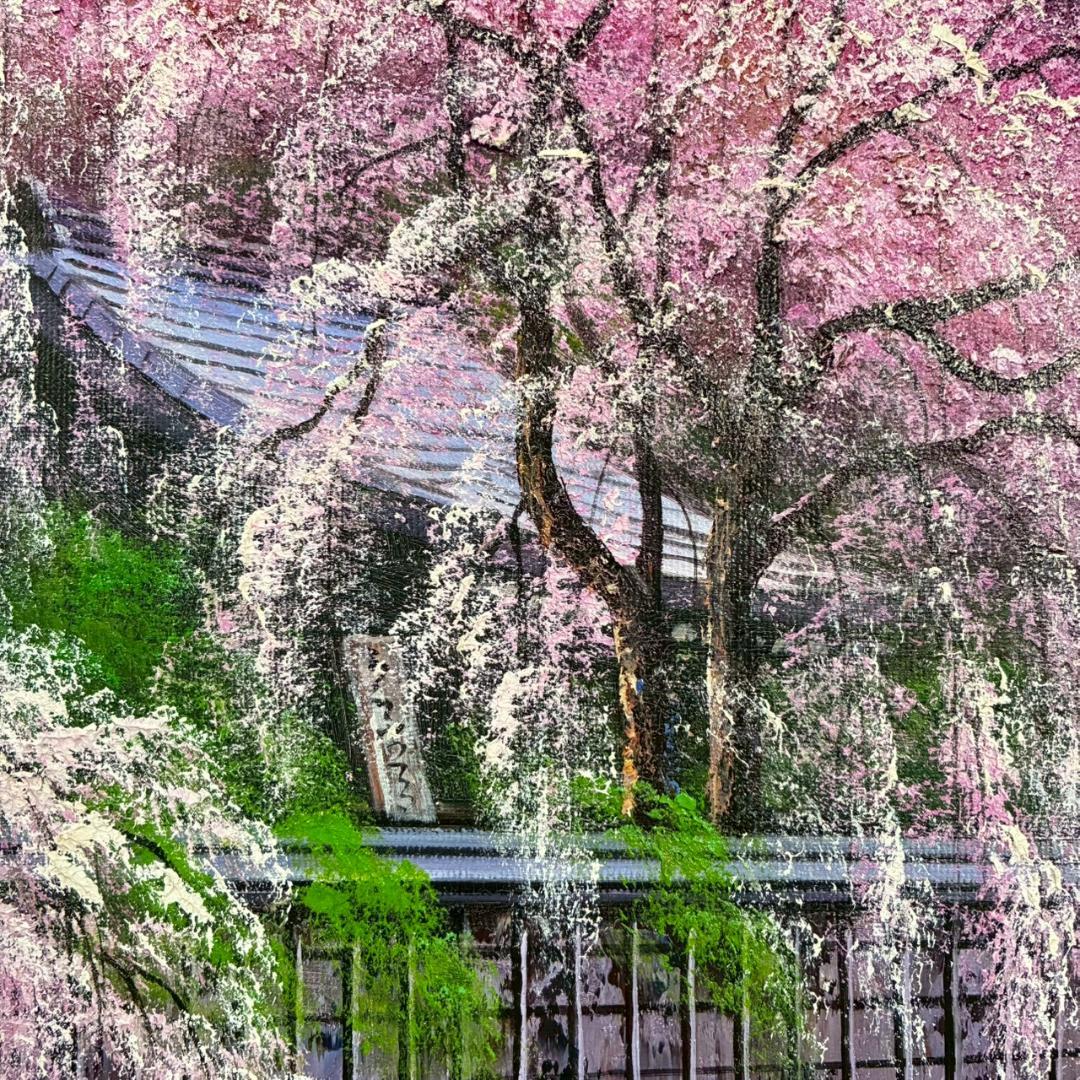 美品 寺井孝「角館の桜」キャンバスに油彩 10号 彩波会 春 枝垂れ桜 名品