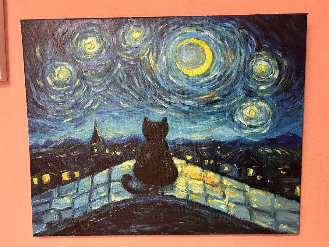 猫と星空の油彩画
