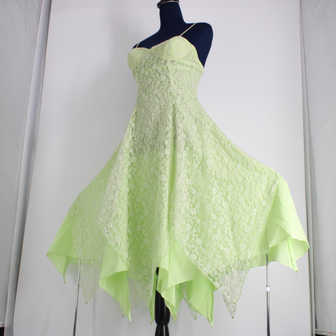 【美品 社交ダンス衣装】ワンピースドレス 黄緑 ライトグリーン フェミニン 花柄