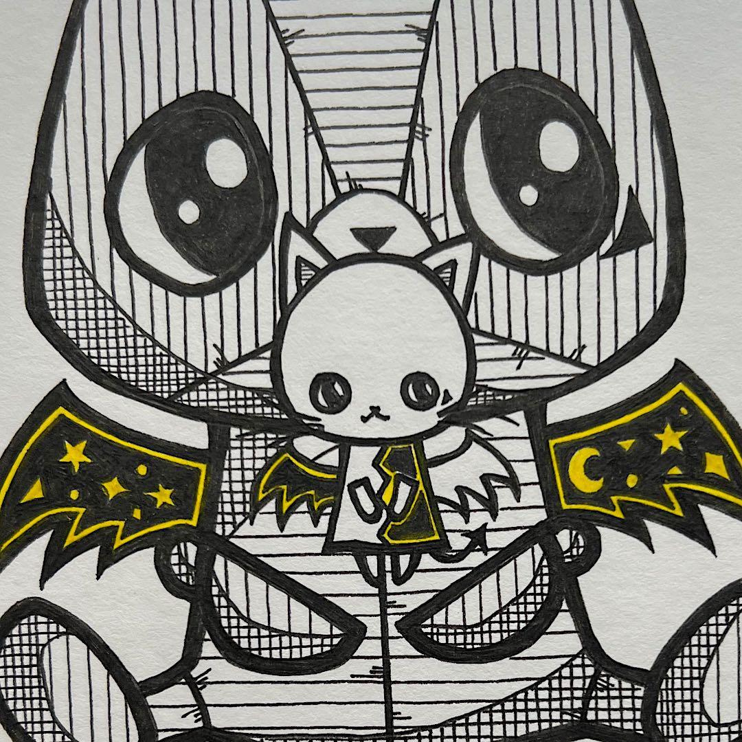 『小悪魔天使』原画一点物 絵画 手描き 癒し 猫 うさぎ 額縁付き アート作品