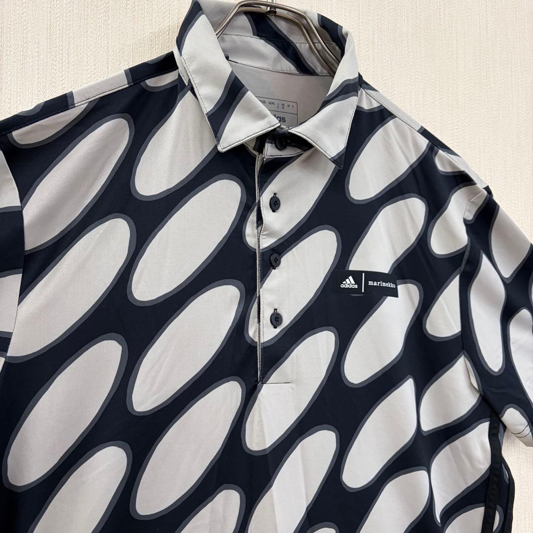 アディダス半袖ポロシャツ 黒 xベージュ総柄サイド3ラインmarimekko