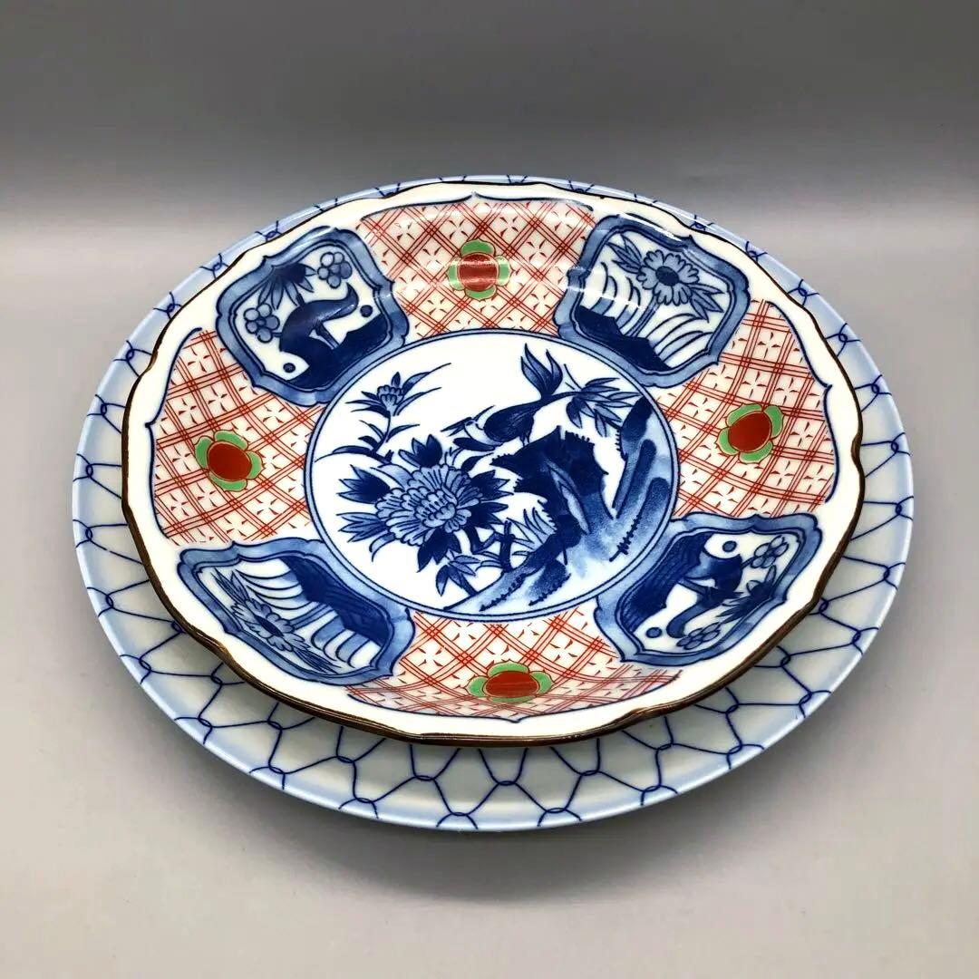 有田焼玄島窯お花絵付け皿20cm&藍色網目模様皿24cmセットビンテージ食器