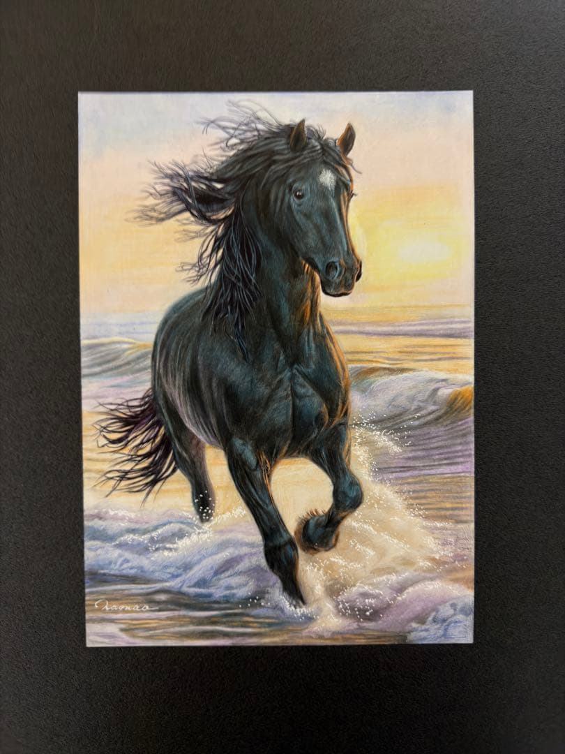 色鉛筆画 A4 波を越える黒馬