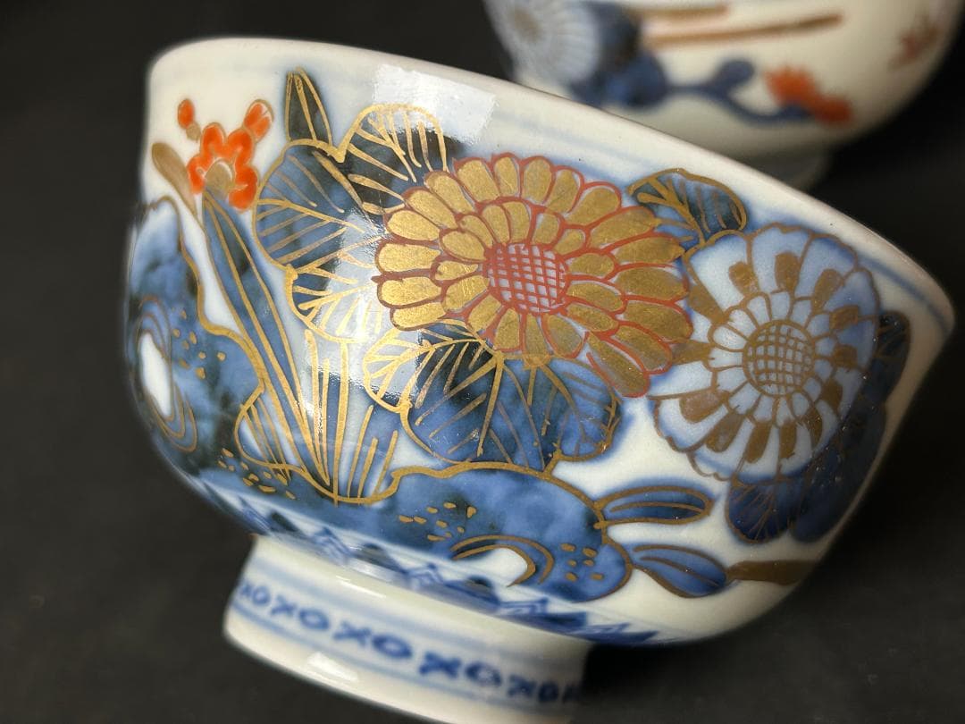 古伊万里 染錦 金彩 花蝶図 蓋向付 飯茶碗 5客 江戸後期 傷無し 68