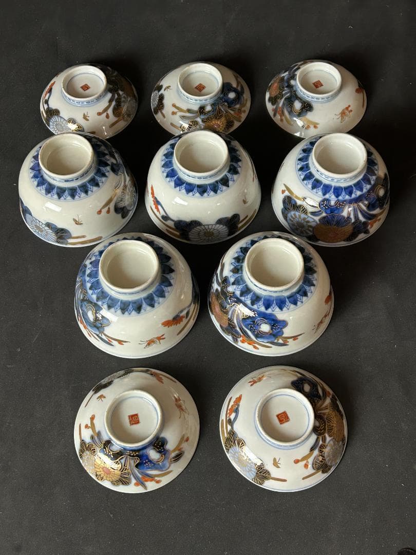 古伊万里 染錦 金彩 花蝶図 蓋向付 飯茶碗 5客 江戸後期 傷無し 68