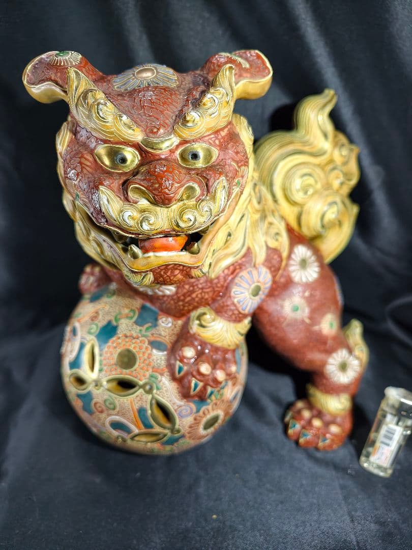 九谷焼 唐獅子 置物 魔除け 狛犬 玉獅子 縁起物 特大　在銘 骨董